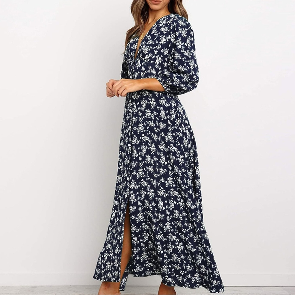 New floral retro, v neck, button Front boho maxi dress